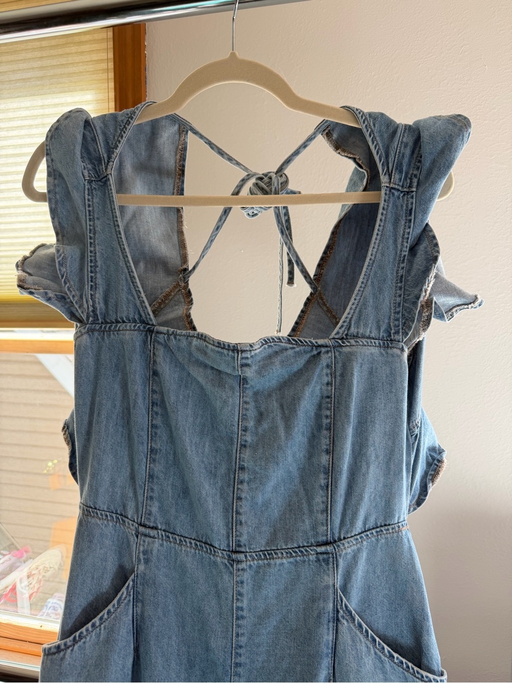We The Free Light Blue Denim Ruffle-Back Tie Jumpsuit - Picture 4 of 6